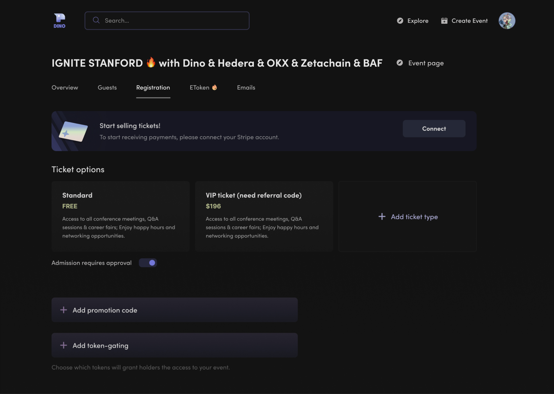Dino registration and ticket setup